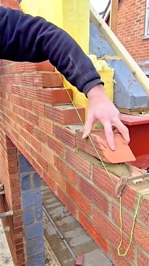 Laying Bricks Precisely Using a String Line to Keep the Wall Straight and Level #shorts