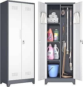 GREATMEET 65" H Broom Closet, Broom Closet Cabinet with Pegboard and Hanging Rod, Cleaning Tool Storage Cabinet, Tall Metal Utility Closets with Locking Doors for Bathroom, Garage