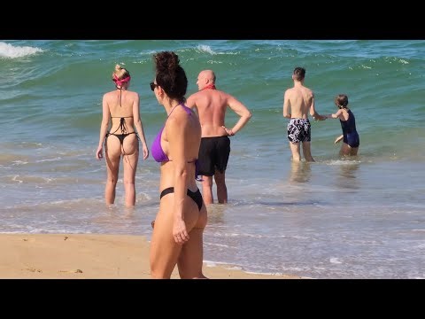 Purple💜 top black🖤 thong bikini girl perfect abs and chest workout motivation fashion beach walking