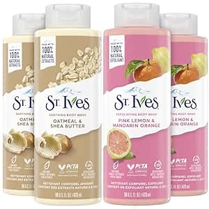 St. Ives Body Wash for Women Variety Pack – Soothing Oatmeal & Shea Butter, Exfoliating Pink Lemon & Mandarin Orange, Body Soap & Shower Gel, 16 Oz (4 Piece Set)