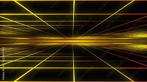Abstract futuristic animated grid background. Yellow digital glowing seamless grid tunnel. Fast moving through the futuristic tunnel with dark background. AI, technology, cyberpunk. 4k, perfect loop.