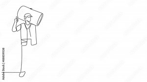 Self drawing animation of single one line drawing trash man carrying a trash can giving a thumbs up. Enthusiastic and cheerful when cleaning the environment. Good responsibility. Full length animated