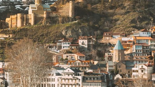 Tbilisi, Georgia. 4k Hyperlapse Narikala Fortress, Old Historic District Of Kala. Elevated View Of Residential Areas Of Tbilisi And Narikala Fortress Cityscape. Morning Scenic View Of City Center Time