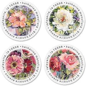 Still Flowers Personalized Return Address Labels Set of 144 (4 Designs), Round Self-Adhesive, Flat-Sheet Labels, by Colorful Images