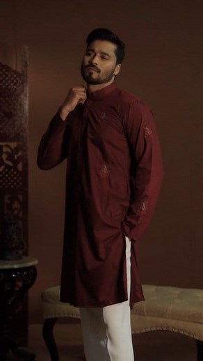 Maroon Embroidery on upper chest and sleeves Matched mate buttons | FARAN