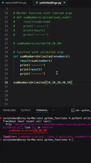 Python full course 42/150, unlimited args in function #pythoncourse #codeartisanlab #150reelscoding