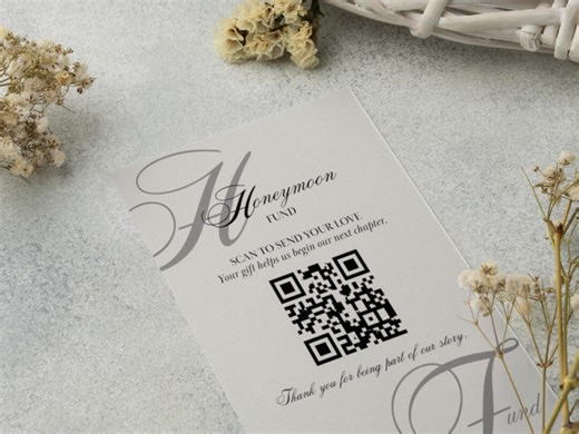 Honeymoon Fund QR Code Sign Template Editable Invite Wed QR Code Canva Wedding Cash Gift Signs Instant Download Quiet Luxury Elegant Wedding