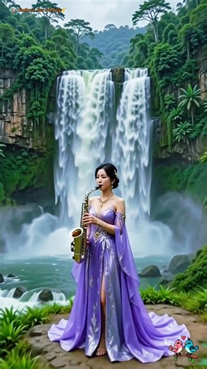 Beautiful Chinese Woman Playing Saxophone by a Mountain Waterfall 🎷 | Peaceful Nature Music #Shorts