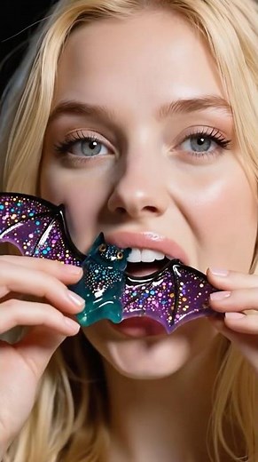 Halloween ASMR | She eats a soft jelly bat 🦇 Sweet chewy sounds and spooky vibes #asmr #satisfyling