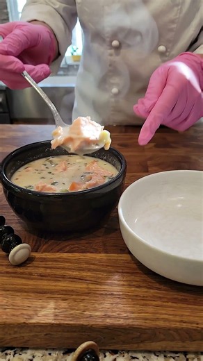 Warm up your day with this rich and creamy chicken and vegetable soup