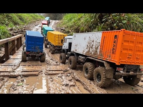 RC Box Truck Convoy Struggling Through Slippery Mud Road | Off-Road RC Trucks