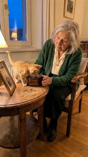She wound the music box. The kitten pressed its head against it. 🐱