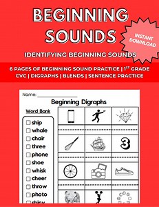 Beginning Sound Practice Worksheets | CVC, Digraphs, & Blends | 1st Grade Phonics and Sentence Writing - Etsy