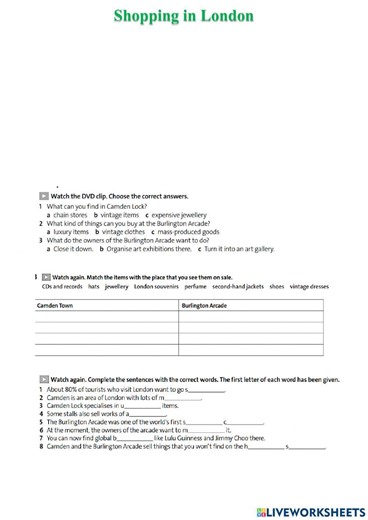 Shopping in London worksheet