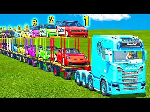 LONG CONVOY TRANSPORT OF COLORS! MAZDA, PORSCHE, GOLF, POLICE, COPS BMW TRANSPORT BATTLE! FS 25