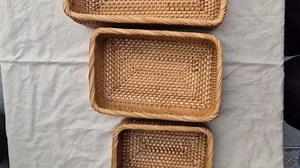 Rattan Storage Basket Set of 3 - Handwoven Rectangular Wicker Baskets for Kitchen, Pantry & Home Organization (Large, Medium, Small)