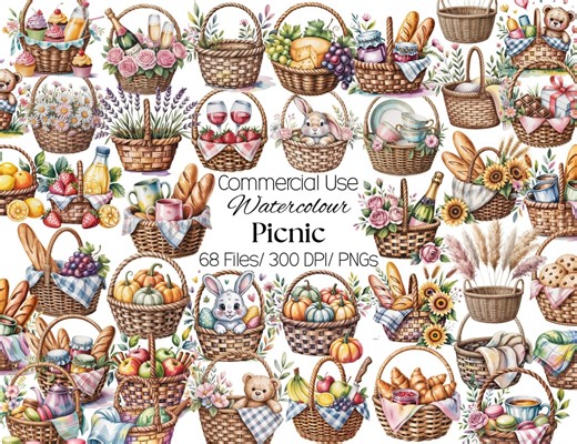 68 Picnic Clipart PNG, Watercolor Picnic Basket, Bread, Flowers, Fruits, Outdoor Food, Summer, Commercial Use - Etsy