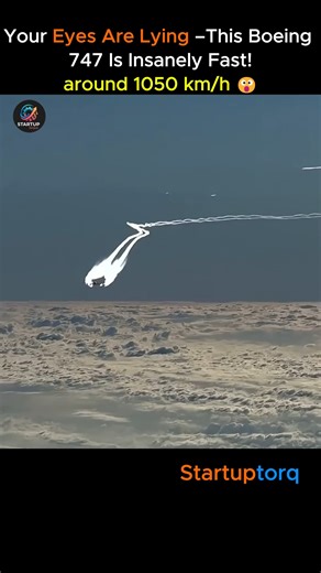 Startup TorQ on Instagram: "✈️ This Plane Looks Slow… But It’s Flying at 1,000+ km/h! Boeing 747 flying high above the ground, appearing to move slowly when viewed from a distance. However, the clip explains that this is just a visual illusion caused by perspective and altitude. Because the aircraft is very far away and extremely high, its massive speed isn’t easily noticeable from the ground. In reality, the Boeing 747 is cruising at around 1,050 km/h, which is close to the speed of sound. The