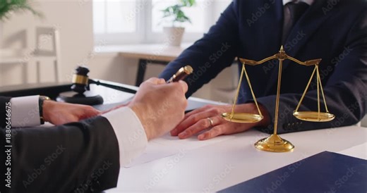 Lawyer or attorney assisting a client in signing a contract or legal documents during an office meeting. Finalizing an agreement and addressing law case details in a professional setting.