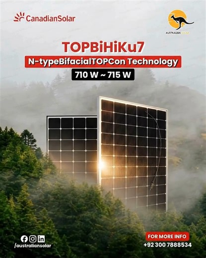 ⚡ More Power. More Performance. More Returns. ⚡ Introducing Canadian Solar TOPBiHiKu7 with N-Type Bifacial TOPCon Technology — engineered for utility-scale and high-performance solar projects that demand maximum output. 🔆 Ultra-High Power: 710W – 715W 🚀 N-Type TOPCon Cells for Higher Efficiency 🔁 Bifacial Design – Up to 90% Extra Power from Rear Side 🌡 Superior Temperature Performance for Hot Climates 🛡 Built for Harsh Conditions & Long-Term Reliability From commercial rooftops to large sol
