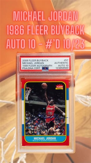 Heritage Auctions Sports on Instagram: "Michael Jordan’s 1986 Fleer rookie is one of The Hobby’s most popular cards and Fleer took it to another level for the 20th anniversary with the 2006 Buyback insert 23 examples signed and hand numbered by His Airness, this stunner #’d 10/23 with a 10 auto finds a new home next week"