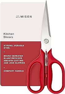 Misen Heavy Duty Kitchen Shears - Stainless Steel, Versatile and Easy Clean Scissors for Meat, Herbs and Veggies - Ambidextrous Comfort Handle - Professional Grade - Red