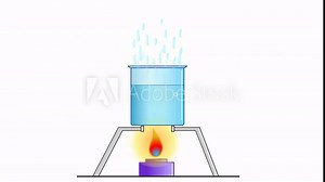 Fluid, water boiling with flame in the stove, bubbling and evaporating in the glass container. Boiling point of water in beaker. Cooker fire. Loop, cycle animation. Educational video