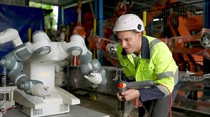 Engineers research and develop robotic arm machines in industrial plants.