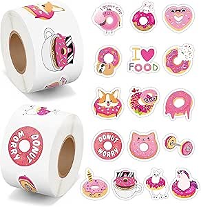 BeYumi Pink Donut Sticker Roll - 1000Pcs Donut Stickers in 2 Rolls Waterproof Vinyl Sweets Themed Cute Snack Dessert Decals for Gift Laptop Bottle Scrapbooking Luggage Computer Envelope Decor for Kids