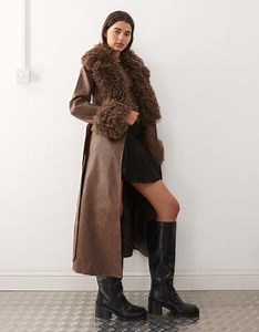 Reclaimed Vintage leather look trench coat with faux fur collar and cuffs in brown | ASOS