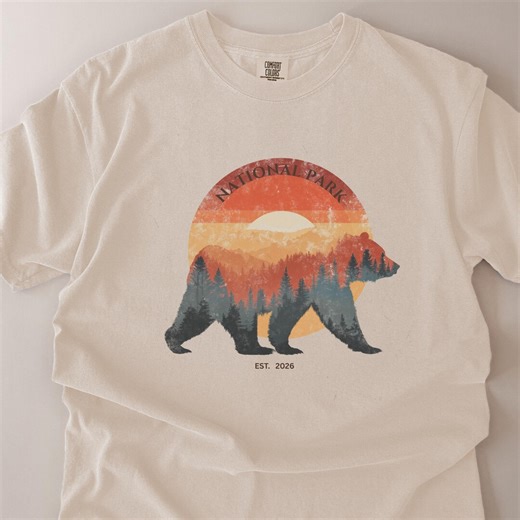 National Park Bear Shirt, Vintage Bear Graphic Tee, Retro Mountain Sunset T-Shirt, Comfort Colors Outdoor Nature Shirt