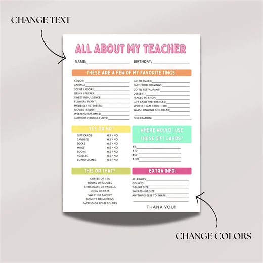 Editable All About My Teacher Favorites Survey, Printable Teacher Gift Questionnaire, First Day of School Info Sheet, Canva Template DIY - Etsy