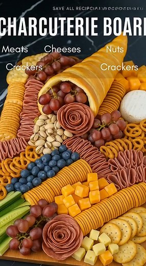 Instructions Step 1: Make the Cornucopia Horn (Optional) Preheat oven to 375°F (190°C). Use crescent roll or croissant dough. Wrap strips of dough around a foil cone (you can make one by shaping foil around a bottle). Bake until golden brown, about 12–15 minutes. Let it cool, then remove the foil — this becomes your edible cornucopia horn. Step 2: Arrange the Board Place the horn on one corner of the board and let the “ingredients” spill out for a natural look. Add the grapes first—they fill spa