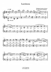 Requiem in D minor, K. 626 - Lacrimosa (Intermediate Level, Solo Piano) (Mozart) - Piano Sheet Music