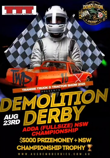 Trangie Truck and Tractor Show Trangie Set to Rumble: ADDA NSW Championship Heads to Town! The Trangie Truck and Tractor Show, in association with the Australian Demolition Derby Association (ADDA), is thrilled to announce a monumental event for 2025! Get ready for the thunderous roar of engines and the crunch of steel as we host the: ADDA New South Wales (Fullsize) Championship! Mark your calendars for Saturday, August 23rd, 2025, as the Trangie Showground transforms into a battleground for dem