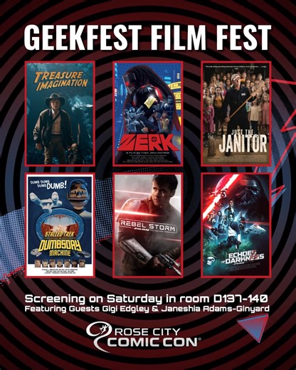 Join 🎬 GeekFest Film Fests on Saturday evening in Room D137-140 for an amazing selection of SciFi, Horror, Fantasy, Action, and Fan films, then vote for your favorites! And look for their booth in the Ginkoberry Concourse to meet stars Gigi Edgley and Janeshia Adams-Ginyard, and snag cool festival merchandise! Learn more >> rosecitycomiccon.com/geekfest-film-fests | Rose City Comic Con