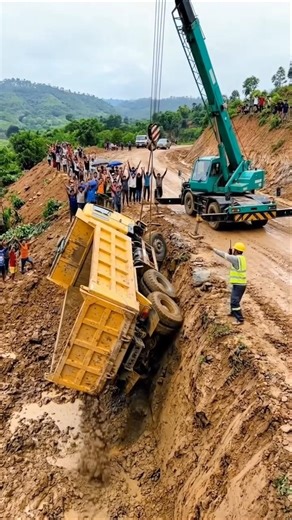 “Unbelievable!Truck Stuck & Rescued by crane truck #shorts #construction #mud #viral #heavymachinery