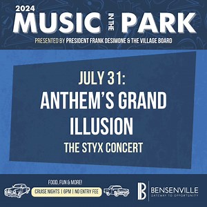2024 Music in the Park is held in downtown #Bensenville from 7:30pm to 9:30pm beginning June 5th through August 14th. The classic car cruise nights will start at 6 PM each night. 🅿️ Arrive early for best parking. Story Map of event: https://tinyurl.com/yc44dxry | Village of Bensenville