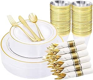 WELLIFE 210 Piece Gold Plastic Dinnerware Set, Include: 30 Dinner Plates, 30 Dessert Plates, 30 Pre Rolled Napkins with Silverware and 30 Cups