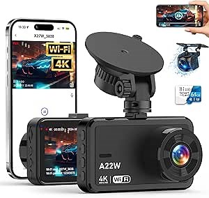 Front and Rear Dash Camera, 4K Dash Cam WiFi Car Camera with 64GB Card, 3.0" IPS Dash Camera for Cars with USB Charger, WDR, Night Vision, 170° Wide Angle, G-Sensor, Loop Recording, 24H Parking Mode