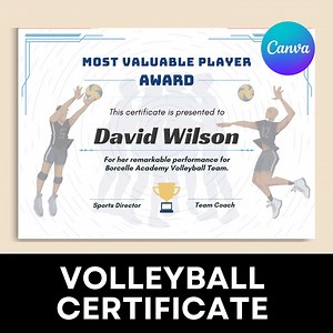 Editable Volleyball Award, Volleyball Certificate Template, Award Certificates, Sports Certificate, End of Season - Etsy