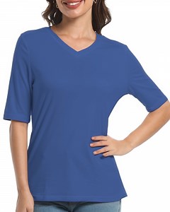 Casual V Neck T-Shirts for Women, Trendy Half Sleeve Elbow Length Tops - Walmart.com