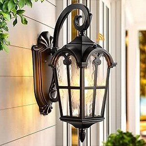 VIANIS Outdoor Wall Light, 16.9" Black Dusk to Dawn Outdoor Lighting with Gold Trim, Outside Light Fixtures Wall Mount with Tempered Water Ripple Glass for Patio, Entryway, Waterproof Anti-Rust