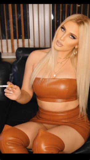 Melissa Glamour on Instagram: "Love this cognac leather look with bandeau top and mini skirt and over-the-knee boots. Warm tones, rich color, effortless style Who´s feeling this vibe🧡🤎❓️ #cognac #longhair #matte #richcolors"