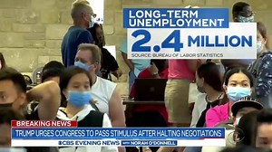 2.5K views · 68 reactions | One day after calling off stimulus talks, Pres. Trump wants Congress back at the bargaining table on a set of standalone bills. As millions of Americans struggle amid the weight of the pandemic, Nancy Cordes has more on how hopes for a financial lifeline may be fading. https://cbsn.ws/3lofCvs | CBS Evening News | Facebook