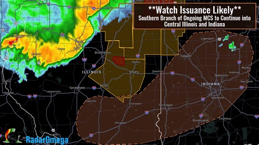 Mesoscale Discussion: Conditions ahead of the ongoing MCS appear favorable to sustain the threat of severe winds. Watch issuance will be needed soon for portions of central Illinois and central Indiana ahead of the southern end of the MCS. #ILwx #INwx | RadarOmega