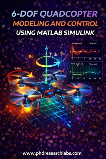PhD Research Labs on Instagram: "🚁📊 6-Degree-of-Freedom (6-DOF) Quadcopter Modeling and Control Using MATLAB/Simulink This project presents the mathematical modeling, dynamic simulation, and control of a 6-DOF quadcopter UAV using MATLAB/Simulink. The model captures translational and rotational dynamics, enabling accurate analysis of attitude control, trajectory tracking, and stability performance. 📊 Key Highlights: ✔ 6-DOF quadcopter dynamic model ✔ Translational & rotational motion equation