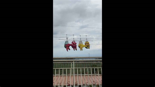 Lion dance performers take a zipline ride in Subang, West Java, Indonesia
