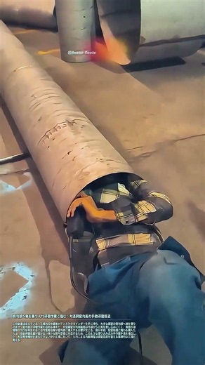 筒内部へ身を乗り入れ研磨作業に臨む：大径鋼管内面の手動研磨技法