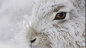 Closeup of an arctic hares face fur matted and moist from the icy flakes of a blizzard highlighting its strength and adaptability in its freezing habitat